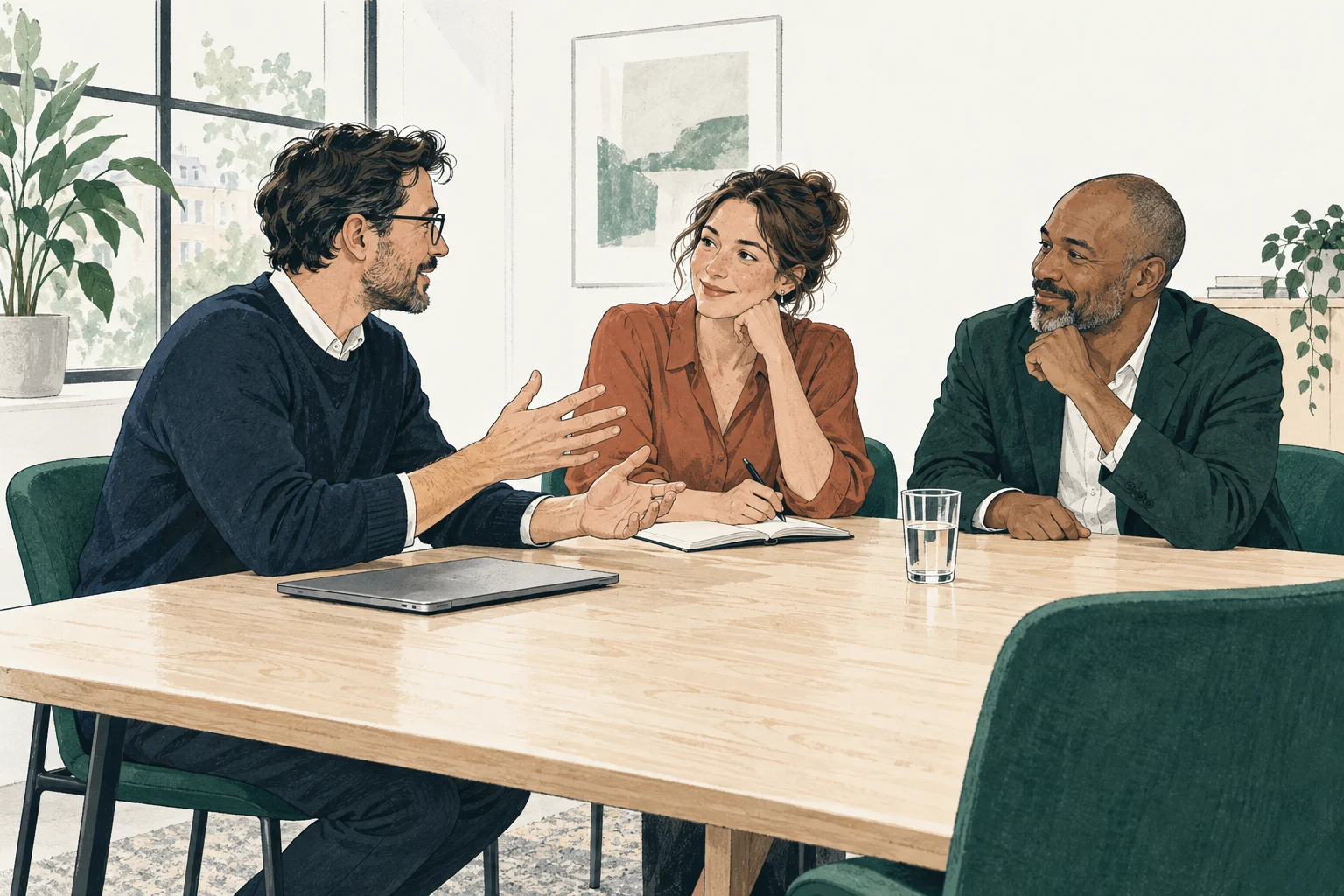 KI-generierte Illustration einer fiktiven Gesprächsszene: Drei Kollegen an einem Besprechungstisch.